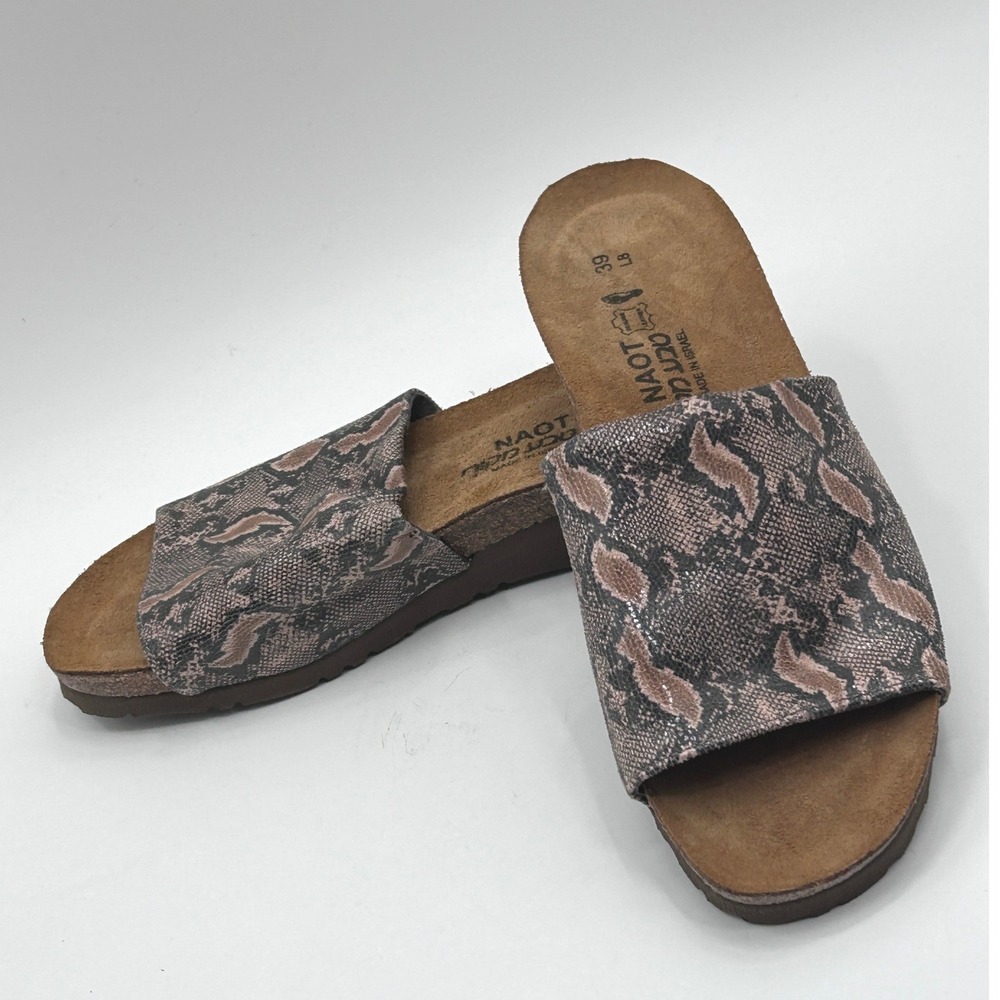 Naot Womens Alana Slide Size 39 NWOT Black Python Stretch Sandals Suede Cork 8.5